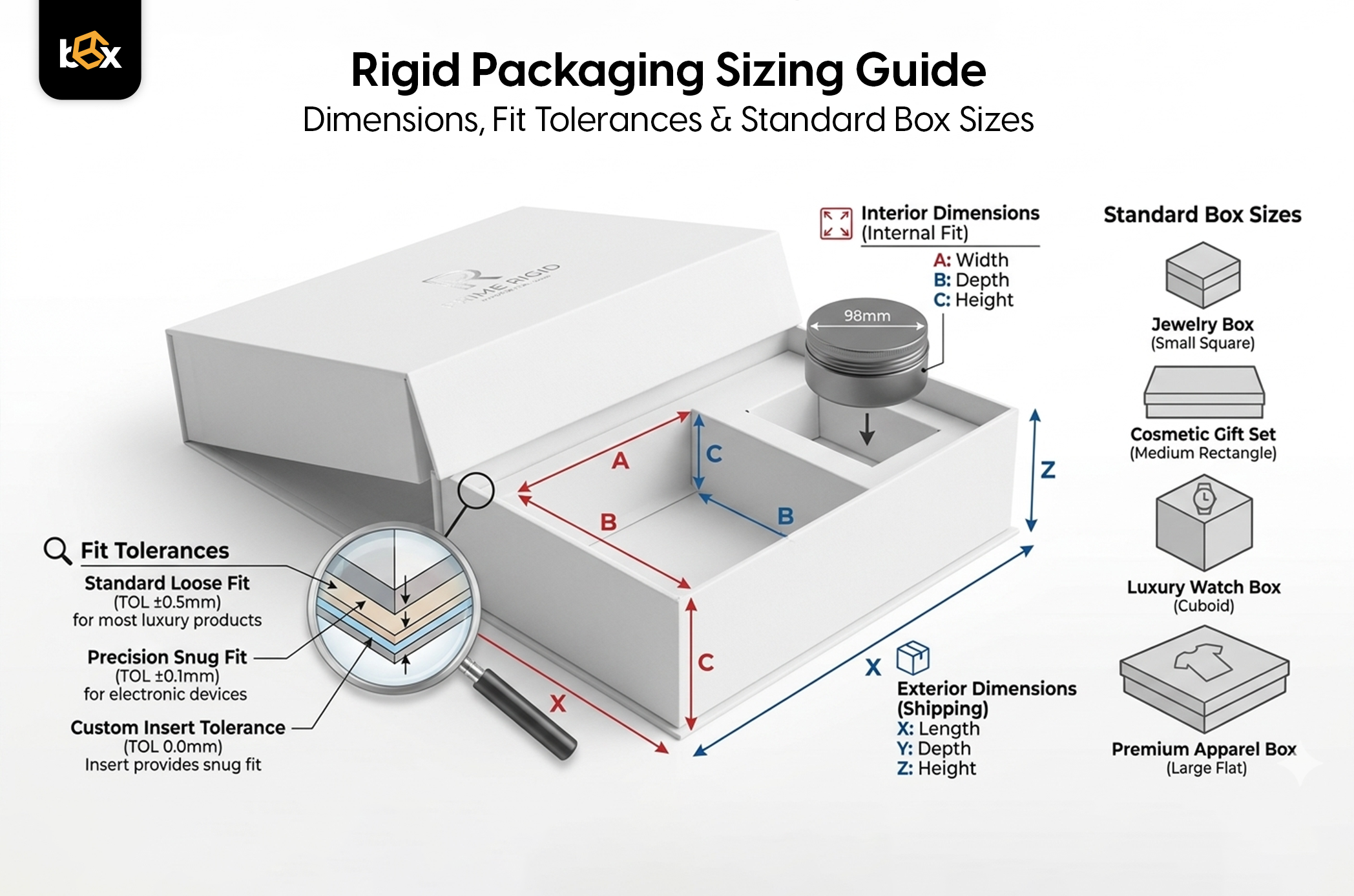 Rigid Packaging Sizing Guide: Dimensions, Fit Tolerances & Standard Box Sizes